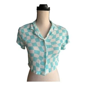 Zara Blue Checkered Cropped Shirt Size 8